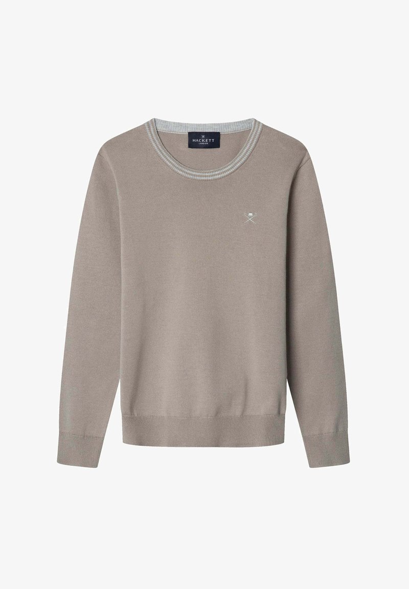 Beige Strickpullover mit Rundhalsausschnitt, gerippten Bündchen und Saum. Mit grauem Akzentbesatz und kleinem Logo auf der Brust gestickt.