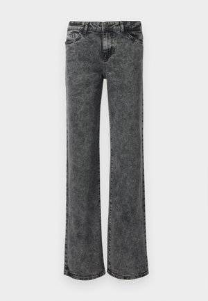 Široke traperice u izblijedjelom crnom denimu. Imaju detalje šivanja, pet džepova i kopčanje na gumb. Čist dizajn bez vidljivih uzoraka.