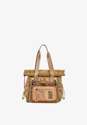 Brown and tan tote bag with dual handles, front zip pocket, side mesh pockets, and "Desigual" logo on front pocket.