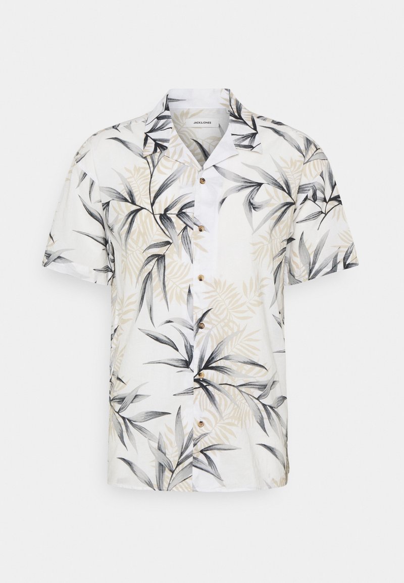 Chemise blanche à manches courtes boutonnée avec un motif de feuilles tropicales noires et beiges et un petit col.