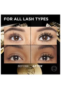 Gros plan sur deux yeux avant et après l'application de mascara, montrant les cils naturels et des cils volumineux et renforcés sur différentes carnations.