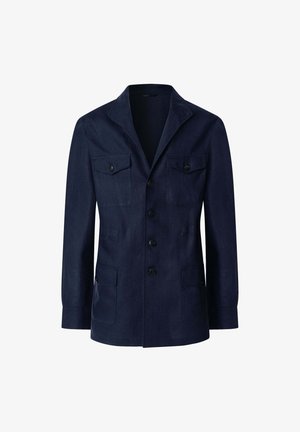 Marineblaue Leinenjacke mit Reverskragen, fünf vorderen Knöpfen, zwei Brusttaschen und zwei Seitentaschen. Glatte Textur mit taillierter Passform.