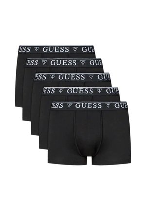 Lot de cinq boxers noirs pour hommes avec logo blanc "GUESS" sur les ceintures élastiques, disposés en rangée décalée sur fond blanc.