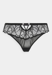 Zwarte kanten string met een bloemenpatroon, doorzichtige mesh panelen, een gegolfde rand en twee zilveren ringen aan de voorkant voor een designaccent.