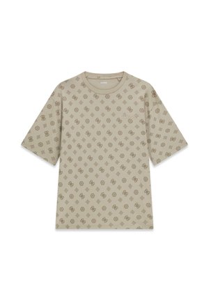 Beiges Kurzarm-T-Shirt mit durchgehendem dunkelbraunem Monogramm-Muster und kleinem "Guess"-Logo auf der linken Brust.