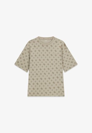 Beige short-sleeve t-shirt with all-over dark brown monogram pattern and small "Guess" logo on the left chest.