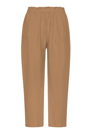Pantaloni marrone chiaro, ampi, con una vita elastica arricciata. Realizzati in tessuto leggero e strutturato; design gamba a cono senza tasche.