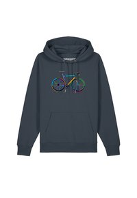 Donkergrijze hoodie met een voorzak, voorzien van een kleurrijke fietsafbeelding in verschillende tinten. Het ontwerp is gedrukt op een zachte, gestructureerde stof.