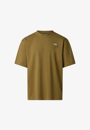 Camiseta de algodón verde oliva con mangas cortas, cuello redondo y un pequeño logo blanco en el pecho izquierdo. Textura suave, diseño casual.