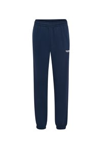 Granatowe dresy wykonane z miękkiego materiału, z elastycznym pasem i mankietami, oraz małym białym logo na lewym udzie.