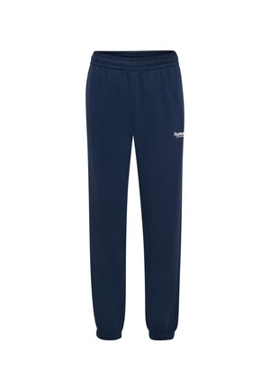 Mørkeblå sweatpants lavet af blød stof, med elastisk talje og manchetter, samt et lille hvidt logo på venstre lår.