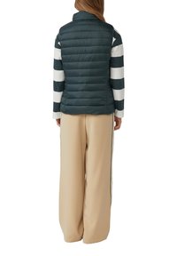 Gilet rembourré vert foncé avec un col haut, porté sur une chemise à rayures à manches longues. Associé à un pantalon large beige clair avec des rayures sur les côtés.