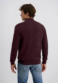 Bordeauxfarbener Pullover aus weichem Strickmaterial mit hohem Kragen und gerippten Bündchen. Kombiniert mit blauen Jeans. Rückansicht.