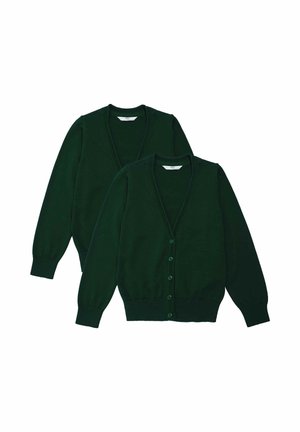Donkergroene cardigans met een V-hals, lange mouwen en knoopsluiting, gemaakt van zachte gebreide stof. Eenvoudig ontwerp, zonder patronen of accenten.