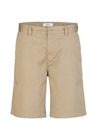 Beige shorts med knaplukning og forlommer. Stoffet virker let og velegnet til afslappet brug.
