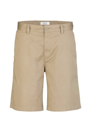 Beige shorts med knaplukning og forlommer. Stoffet virker let og velegnet til afslappet brug.