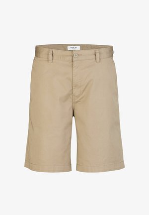 Beige shorts met een knoopsluiting en voorzakken. De stof lijkt lichtgewicht en geschikt voor casual gedragen.