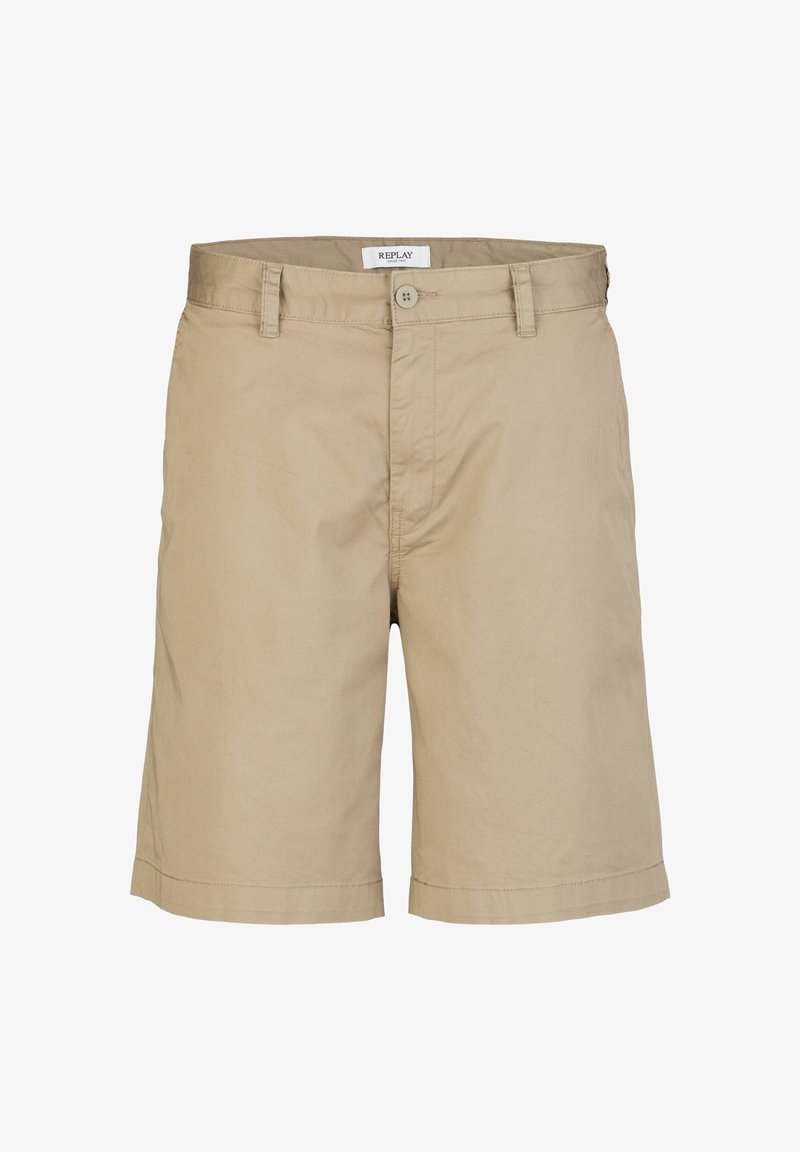 Beige shorts med knaplukning og forlommer. Stoffet virker let og velegnet til afslappet brug.