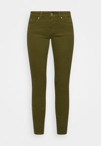 Oliveově zelené skinny džíny z bavlněné směsi, pět kapes, s knoflíkovým uzávěrem, s jemným stehem a hladkým povrchem.