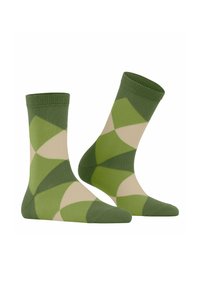 Chaussettes vertes à motifs comportant des formes géométriques dans différentes nuances de vert et de crème, avec un poignet côtelé et une texture tricotée lisse.