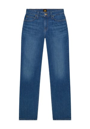 Jean droit pour homme en denim bleu avec cinq poches, fermeture par bouton, et étiquette de marque Lee sur la ceinture.