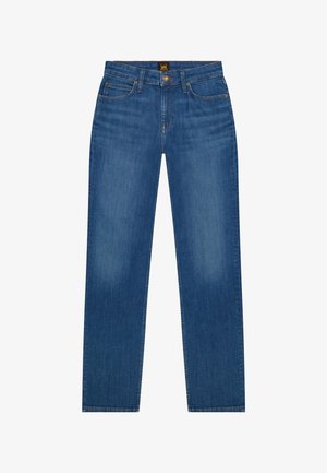 Blugi bărbătești cu croială dreaptă, de culoare albastră, din denim, cu cinci buzunare, închidere cu nasturi și etichetă cu marca Lee pe talie.