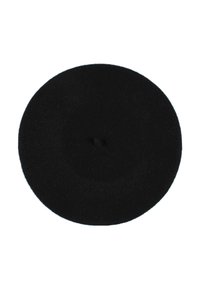Beres negru din fetru, de formă rotundă, cu o textură netedă, având un detaliu sub formă de buton mic în centru. Design clasic potrivit pentru diverse ținute.