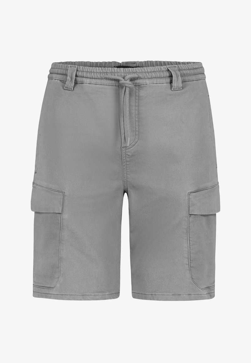 Grau Cargo-Shorts mit elastischem Bund, Zugbandverschluss und seitlichen Taschen. Hergestellt aus leichtem Stoff mit glatter Textur.