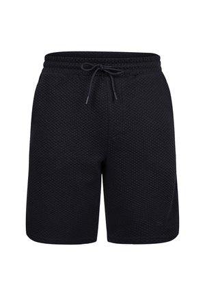 Pantalones cortos negros con una tela texturizada de patrón en diamante; cintura elástica con cordón para un ajuste ajustable; diseño hasta la rodilla.