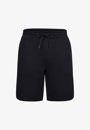 Sorte shorts i et tekstureret, diamantmønstret stof; elastisk talje med snøre for justerbar pasform; knælængde design.
