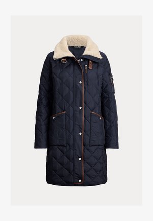 Navy quilted coat with a faux-shearling collar, brown accents, front pockets, and a zippered sleeve pocket. Fastens with buttons and zipper.