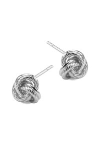 Srebrne kolczyki w kształcie węzła z skręconym wzorem, z wypolerowanym wykończeniem i smukłym widokiem dla bezpiecznego zapięcia.