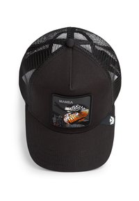 Schwarze Kappe mit Netzrücken, mit einem rechteckigen Patch, der eine Schlangengrafik mit orangefarbenen Akzenten zeigt. Strukturiertes Design mit einem gebogenen Schirm.