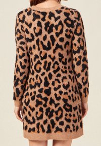 Femme portant une robe en peluche à manches longues, de longueur genou, avec un motif léopard brun et noir, vue de dos.