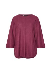 Top a maglia bordeaux con scollatura tonda, maniche a tre quarti e vestibilità comoda. Presenta una trama a costine e un'orlo curvo.
