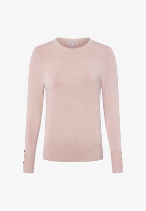 Helles rosa langärmliges Sweatshirt aus einem glatten, weichen Material. Mit einem runden Ausschnitt und dekorativen Knopfakzenten an den Manschetten.