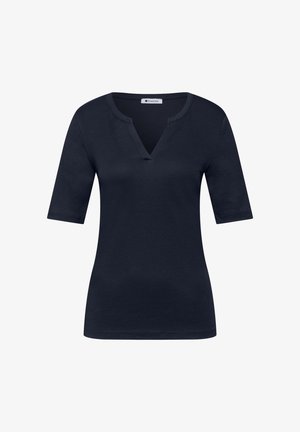 Navyblauw dames-T-shirt met korte mouwen, een V-vormige inkeping aan de hals en een aansluitend silhouet, gemaakt van gladde stof.
