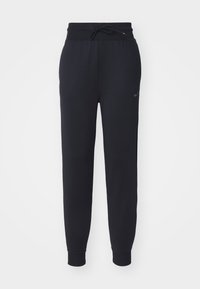 Schwarze Jogginghose mit einem Kordelzugbund, elastischen Knöchelbündchen und einem dezenten Logo an der Seite, gefertigt aus einem weichen, strukturierten Stoff.