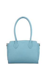 Hellblaues Lederhandtasche mit gebogenen Griffen, rechteckiger Form und glatter Textur. Verfügt über ein kleines Logo auf der Vorderseite.