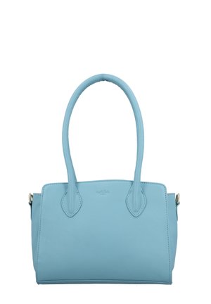 Hellblaues Lederhandtasche mit gebogenen Griffen, rechteckiger Form und glatter Textur. Verfügt über ein kleines Logo auf der Vorderseite.