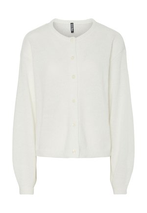 White cardigan made of soft fabric, featuring a round neck, long sleeves, and five buttons down the front. Simple, textured design.