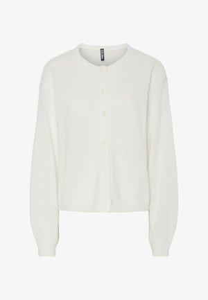 White cardigan made of soft fabric, featuring a round neck, long sleeves, and five buttons down the front. Simple, textured design.