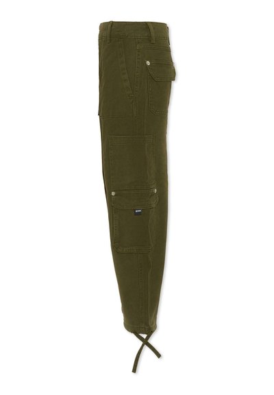 Pantaloni cargo verde oliva con molte tasche, design con gamba affusolata e lacci regolabili alla caviglia. Realizzati in un tessuto resistente.