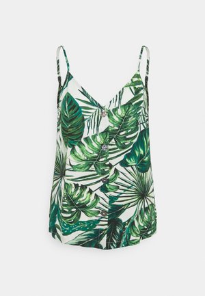 Witte mouwloze top met verstelbare bandjes, groene tropische bladprint en knoopsluiting aan de voorkant.