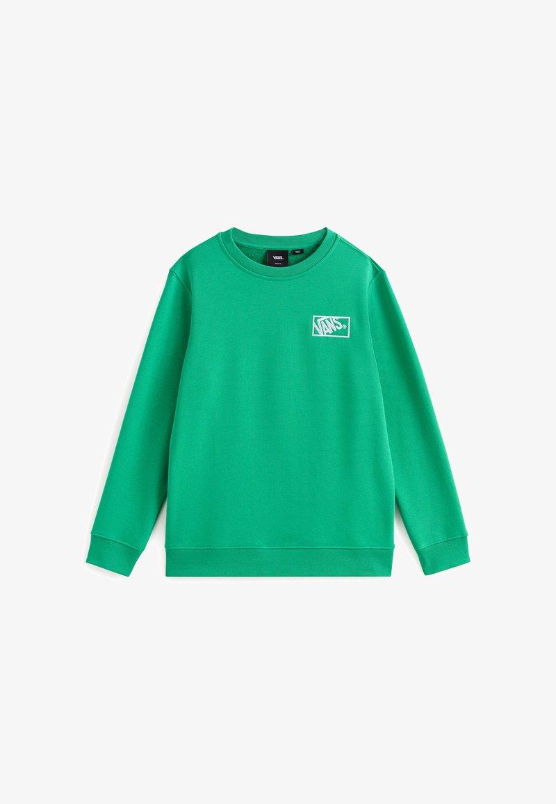 Felpa verde in misto cotone, con collo rotondo, maniche lunghe e logo frontale in un contorno rettangolare bianco. Texture liscia.