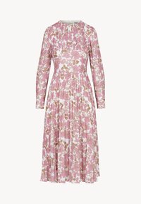 Bloemenjurk met lange mouwen, voorzien van een witte achtergrond en roze en gouden bloemmotieven. Plissé halslijn en vloeiende rokontwerp.