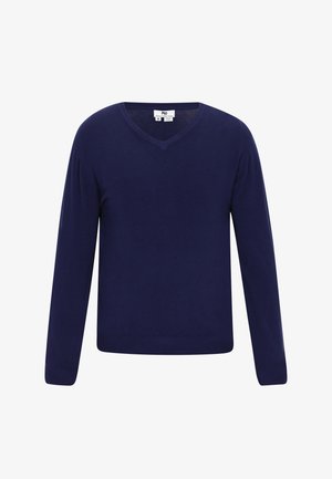 Tumed sinine kootud sviiter pikkade varrukatega ja V-kaelusega. Omab siledat tekstuuri ning soonikuid mansette ja allosa. Sildiga nähtav seest.