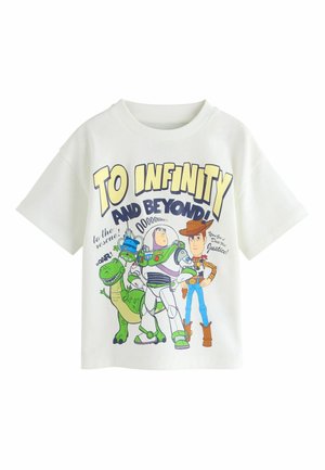 Weißes Kinder-T-Shirt mit bunten Toy Story-Figuren und dem Text „To Infinity and Beyond“ in großen Buchstaben.