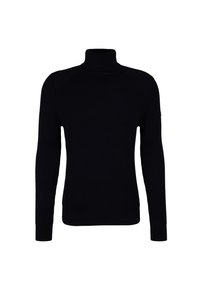 Maglione nero a collo alto a coste con maniche lunghe, realizzato in tessuto lavorato a maglia. Presenta una silhouette aderente e cuciture sulle spalle sottili.