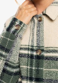 Chaqueta camisa de forro polar en cuadros crema y verde, con cuello y cierre de botones. Tejido texturizado con acentos y patrones verdes.